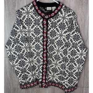 L.L. Bean Women’s Nordic Cardigan Sweater Snowflakes White Black Size Large HRD